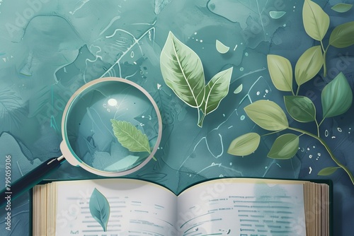 Open book with magnifying glass on illustrated colorful foliage background