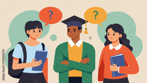 A group of college students worriedly discussing how the rising cost of tuition and the weakening job market will affect their student loan