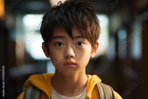Generative AI photo of cute asian preteen kid wear uniform against blurred background