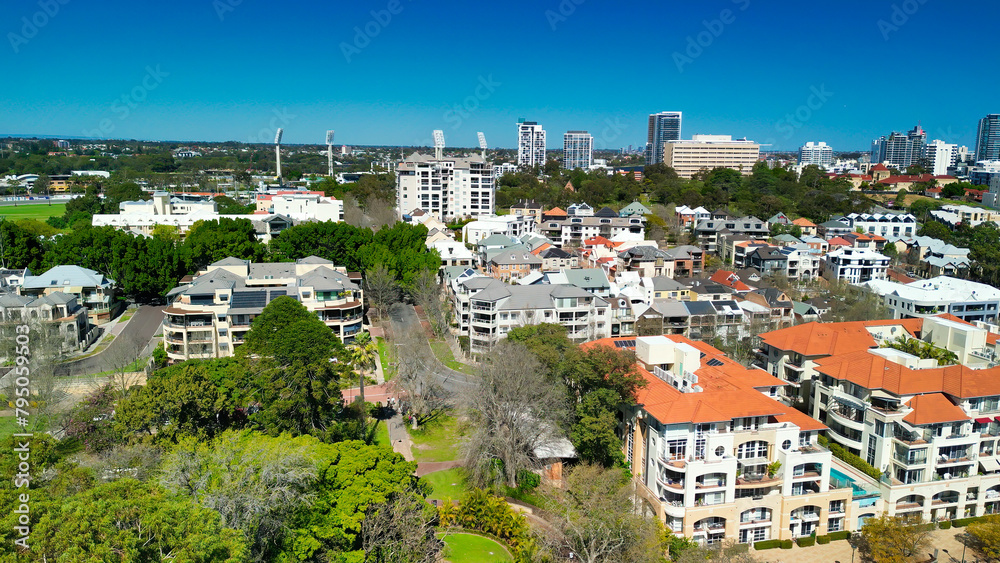 Obraz premium Aerial view of Matagarup Bridge and Swan River in Perth