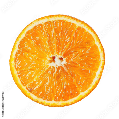 Capture the zest of a single orange slice standing out against a transparent background featuring intricate details with a close up studio shot of this vibrant fruit complete with a perfectly defi