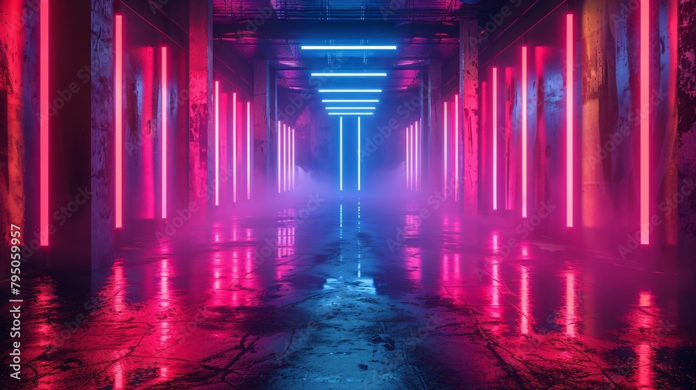 3D Atmospheric Corridor with Neon Pink Lighting and Mist