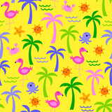 Cute hand drawn palm tree, flamingo, marine life, sun and wave seamless pattern design for summer holidays background.