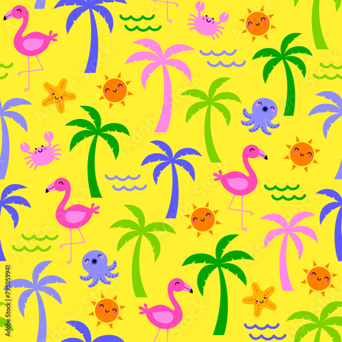 Cute hand drawn palm tree  flamingo  marine life  sun and wave seamless pattern design for summer holidays background.