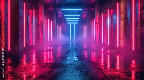 3D Atmospheric Corridor with Neon Pink Lighting and Mist