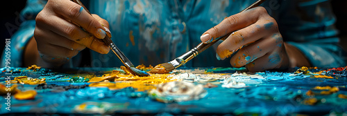 Cropped image of artist woman's hand drawing an o,
A woman is painting on a canvas and is holding a paint brush and a paintbrush
 photo