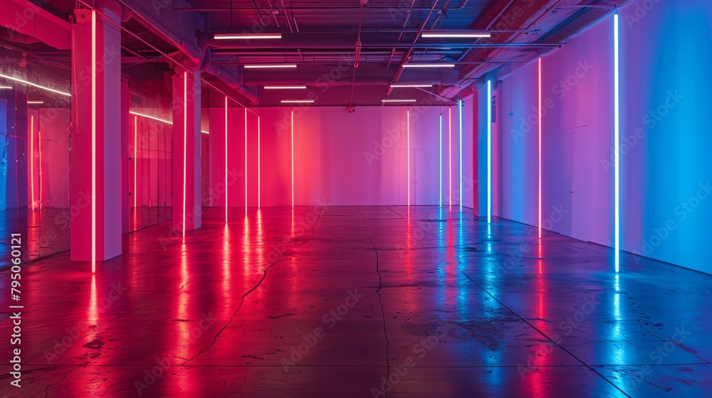 3D Contemporary Space with Pink and Blue Neon Columns
