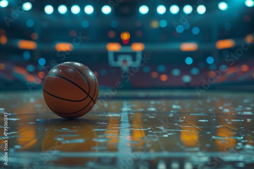 Basketball ball on court floor close up. Copy space for text