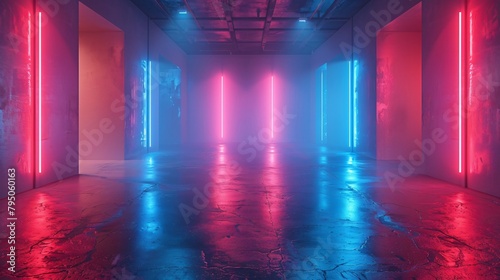 3D Corridor with Neon Glow and Reflective Floors