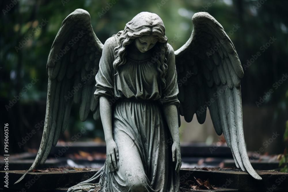 Fototapeta premium Sad bury ceremony at old cemetery church funeral farewell rest in peace Generative AI picture