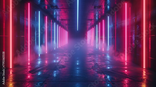 3D Futuristic Corridor with Neon Lights and Mist