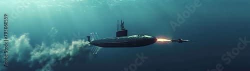 Submarine launching a torpedo underwater photo