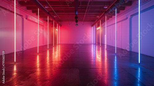 3D Futuristic Neon-Lit Empty Gallery Space