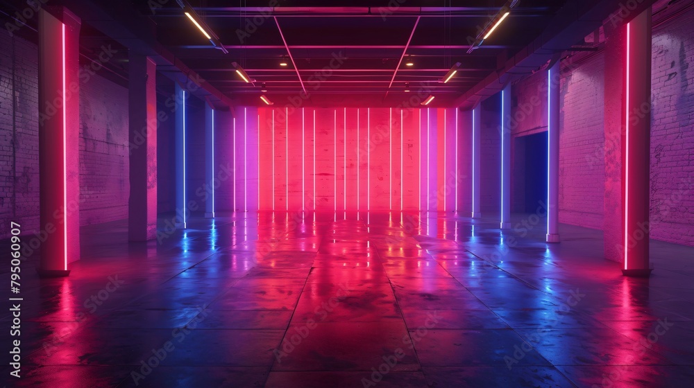 3D Industrial Hall Illuminated by Striking Neon Lights