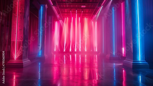 3D Grand Hall with Pillars and Neon Light Show