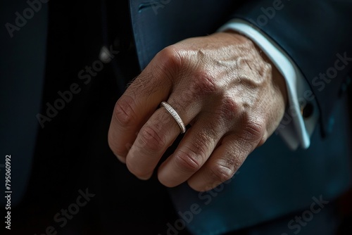 Hand of a businessman in a suit with a wedding ring