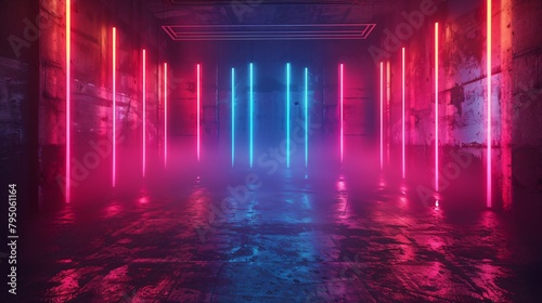 3D Mysterious Hallway with Pink and Blue Neon Lights