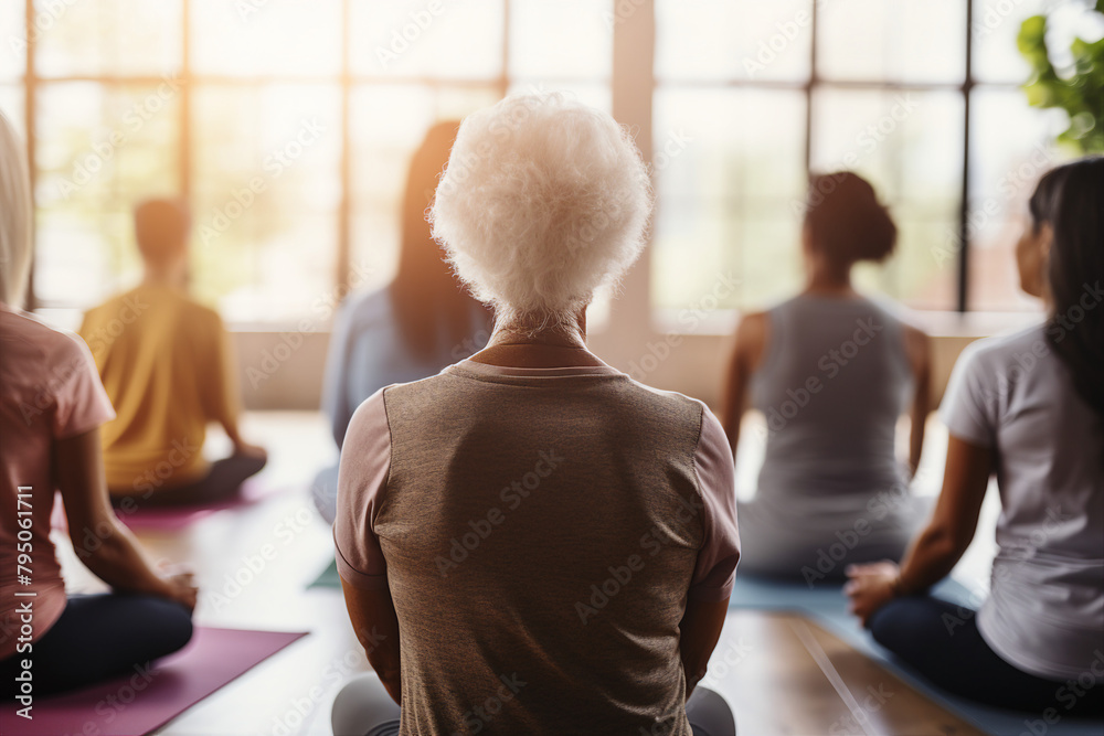 Different age people doing yoga nature park private club spirituality concept Generative AI Different age people doing yoga nature park private club spirituality concept Generative AI