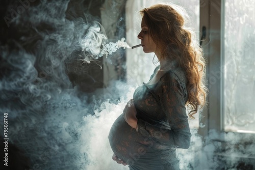 Pregnant woman smoking cigarette, harm of smoking, healthy motherhood photo