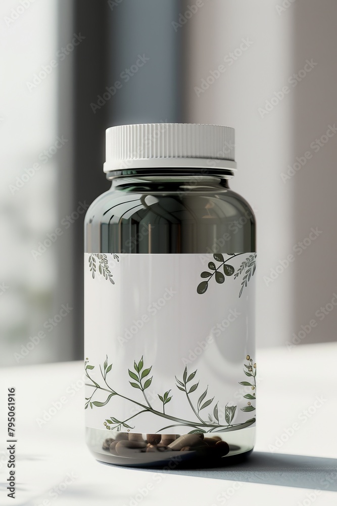Amber glass bottle with white label on wooden table Amber glass bottle with white label on wooden table