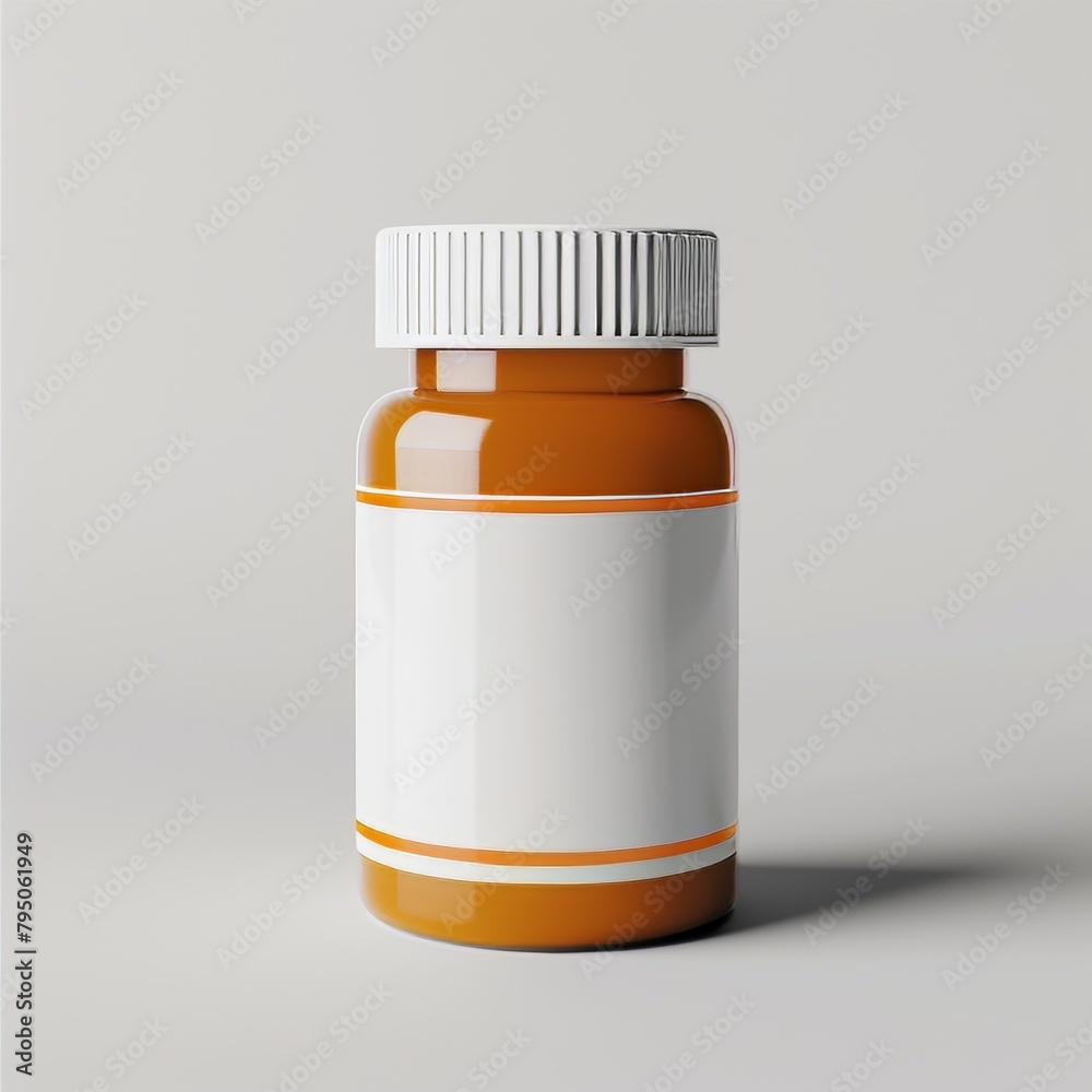 Orange medicine bottle with blank white label on a light background Orange medicine bottle with blank white label on a light background