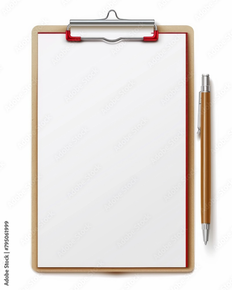 Blank white paper on a clipboard with a black pen Blank white paper on a clipboard with a black pen