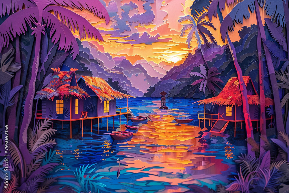 Fijis lush landscapes and traditional bure huts reimagined as a vibrant paper cut art piece Oceanias paradise captured - obrazy, fototapety, plakaty 