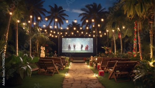 outdoor cinema film in a tropical garden with Christmas lights. H
