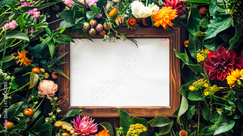 Wooden photo frame with blank copy-space, surround by various flowers.