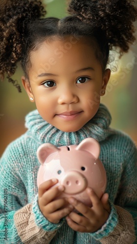 Young girl holding a pink piggy bank