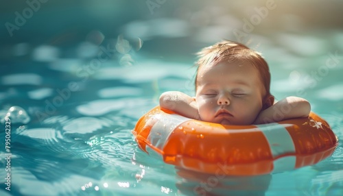 small child floats on a lifebuoy