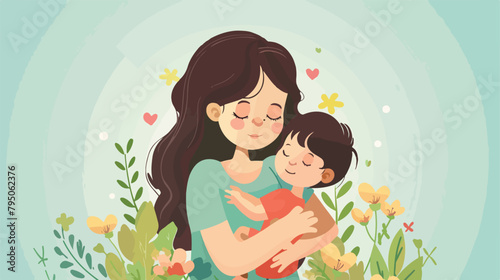 Vector cartoon illustration of mother gently hug her
