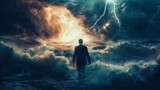 Dynamic power of effort patient for success metaphor concept back view businessman battling storm at the sea background 