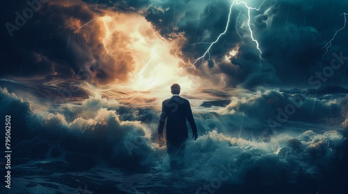 Dynamic power of effort patient for success metaphor concept back view businessman battling storm at the sea background 