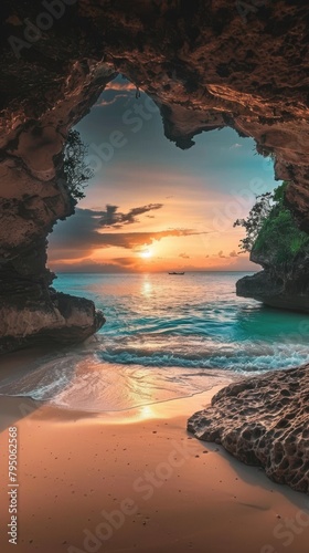 Sunset through a rocky coastal cave