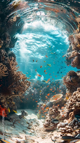 Scuba divers exploring a vibrant coral reef cave underwater