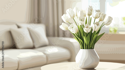 Vase with blooming white tulip flowers on coffee tabl