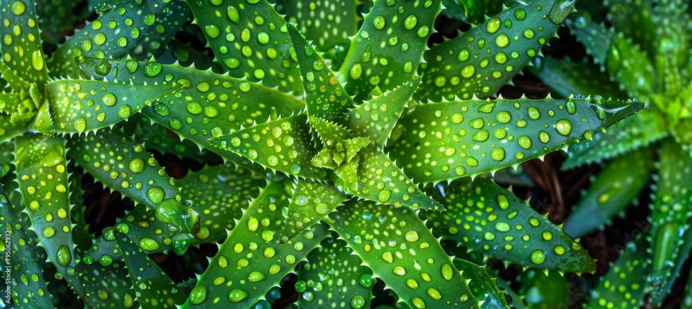 Fresh aloe vera leaves with moisture droplets in a vibrant green close up, showing natural beauty Fresh aloe vera leaves with moisture droplets in a vibrant green close up, showing natural beauty