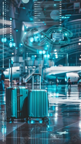 Futuristic airport terminal with glowing digital interfaces and luggage