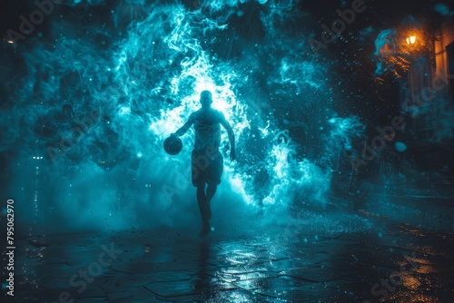 Portrait shot of a silhouette basketball player in sports clothes with a basketball in his hand, is standing in a foggy with the blue lights shining down on him.