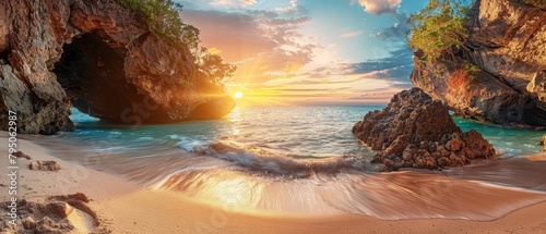 Sunset at a secluded beach with rocky cliffs