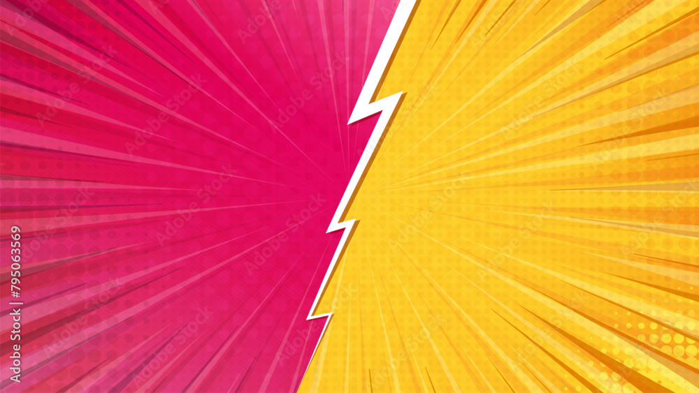 Naklejka premium Pop art retro comic background. Abstract cartoon cover with versus lightning. Yellow and pink vs frames. Vector EPS 10