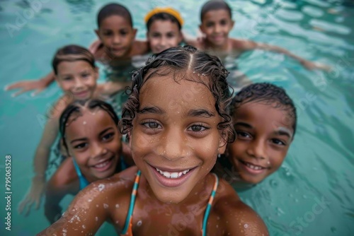 Happy children taking selfie in swimming pool