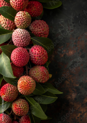 Fresh Lychee on dark background. Exotic tropical fruit. Copy space.