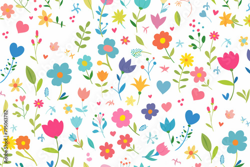 Colorful spring flowers and hearts seamless pattern in the style of a flat design on a white background, this vector illustration features pastel colors in a cute style with colorful flowers and gree