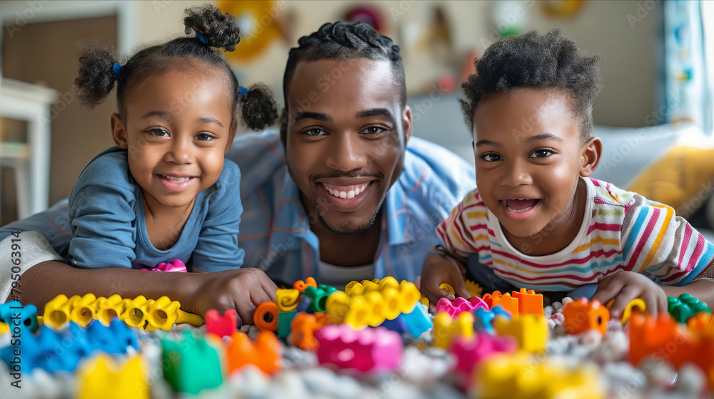 A man and two children are playing with blocks.