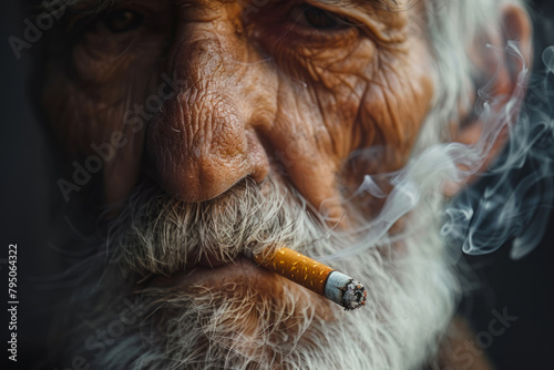 Old senior man smoking a cigarette close-up