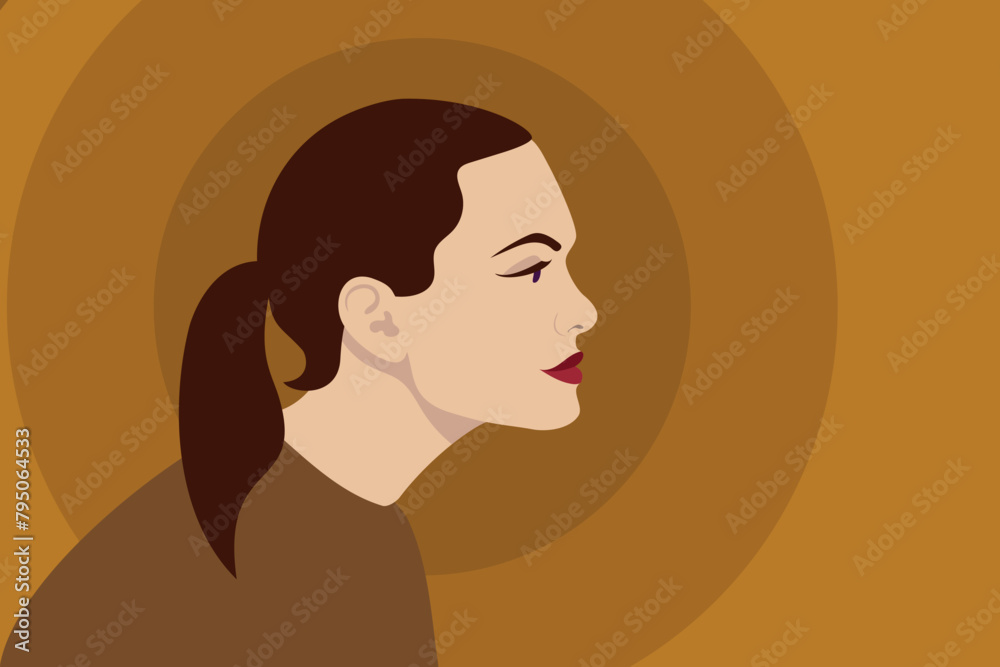 Beautiful young woman, side view. Head and shoulders. A close-up portrait of a woman on a mustard background in a flat vector style. 