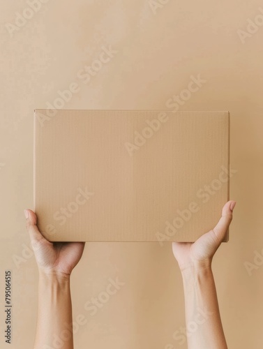 Hands holding a plain cardboard box on a gray background © kilimanjaro 