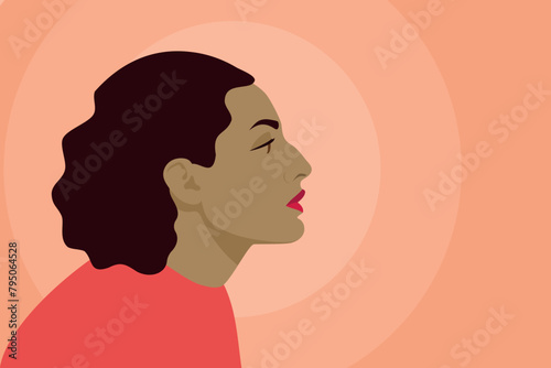 Portrait of a beautiful young Caucasian woman. Armenian, Georgian, Chechen. Female face side view, realistic silhouette. Female profile, head and shoulders on a peach light background. Flat vector